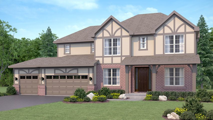 Exterior rendering of a 2-story home in the English Country style. There is a driveway and front yard leading up to a 3-car garage and a front door with a small covered porch. The home's siding is a combination of red brick and tan tudor-style vertical siding.