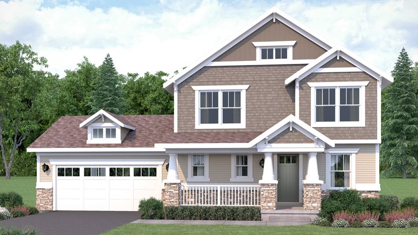 Exterior Rendering of Silver Birch floor plan from the front. 2 stories, 3 beds, 2.5 baths. Northern Craftsman exterior style.